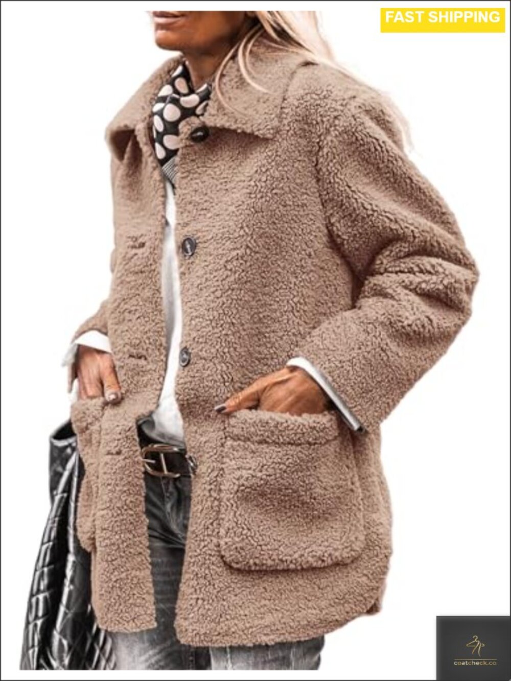 Faux Fur Sherpa Button Down Coat Winter Outfit Warm Fuzzy Jacket